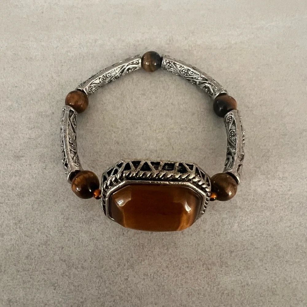 Tiger Eye Accent Stretch Bracelet in Brown and Silver